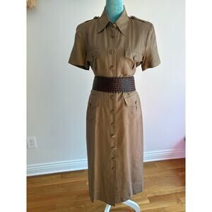Vintage Cynthia Howie 100% Silk Safari Dress Tan Pockets Quiet Luxury 10